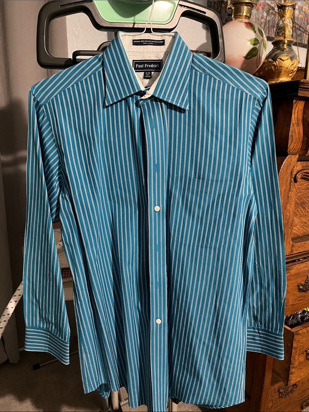 Paul Fredrick Teal and White Striped Dress Shirt